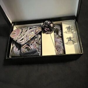 Men New Brocade Tie, Pocket Square, Cuff Link and Boutonnière Set.